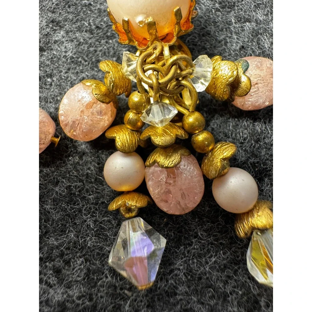 Vintage Pink Crackle Glass Faux Pearl Crystal Chandelier Clip On Earrings Gold